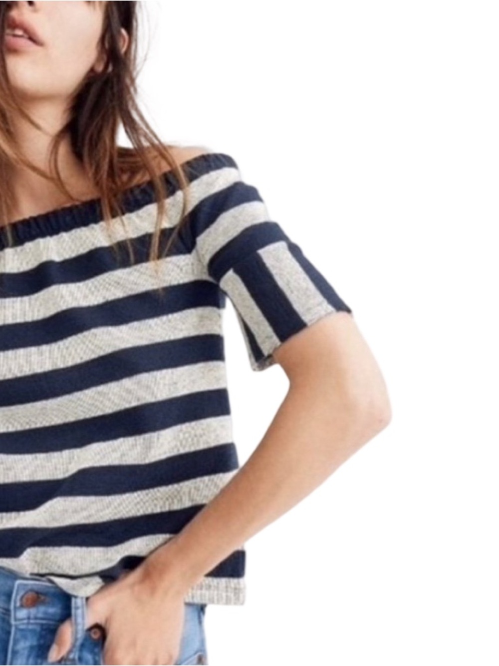 Madewell Women’s Navy Gray Striped Off-Shoulder Top Nautical Summer Small EUC